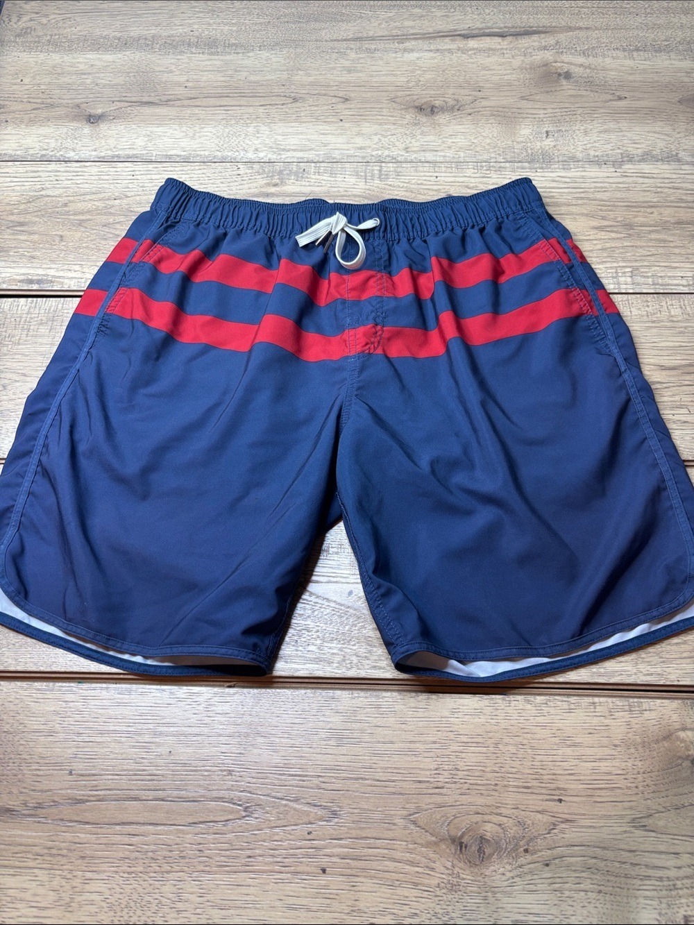 Men’s Fair Harbor Anchor Navy Swim Trunks with Red Horizontal Stripes Size XL
